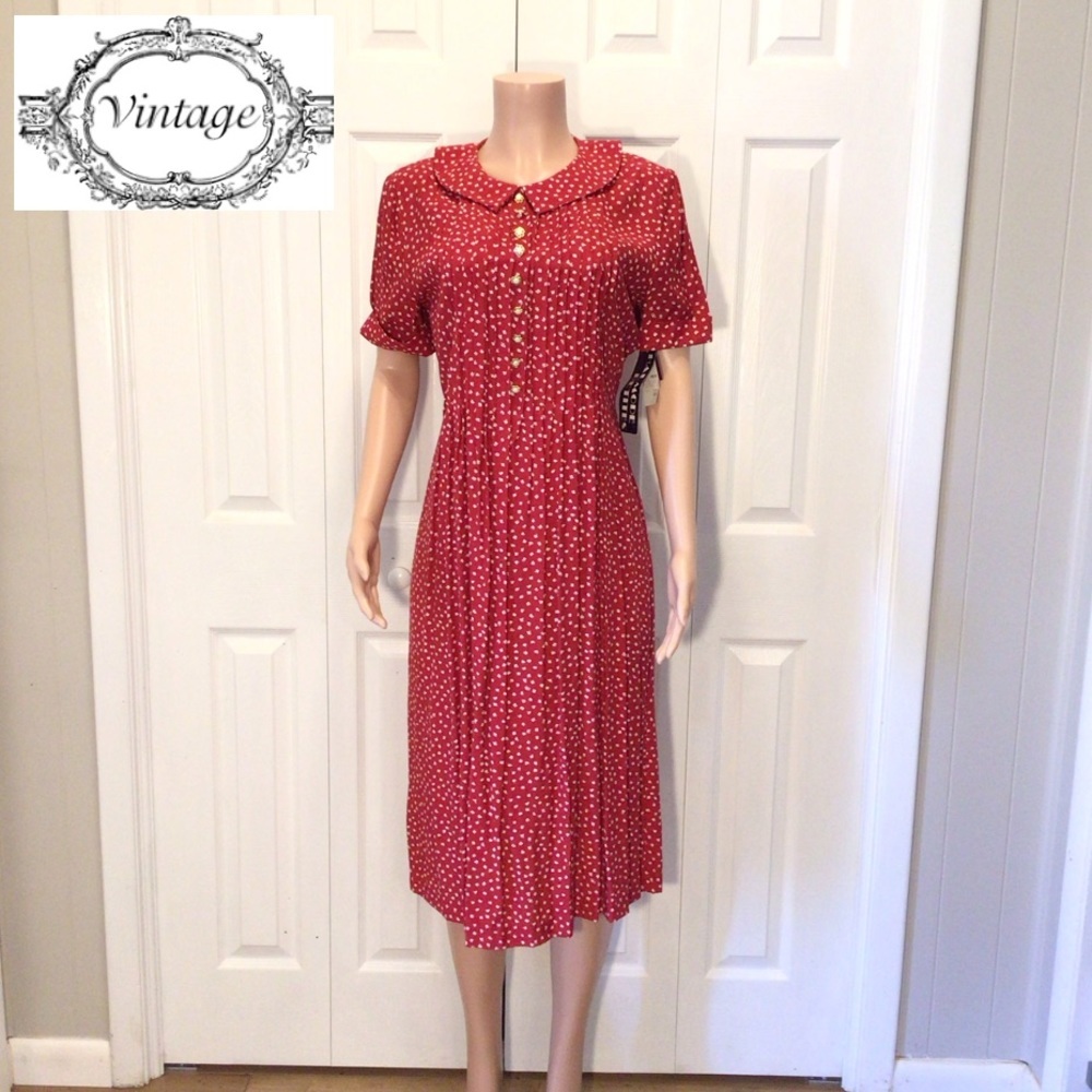 Halmode Petites Vintage Red Short Sleeve Pleated Tie Back Secretary Dress8
